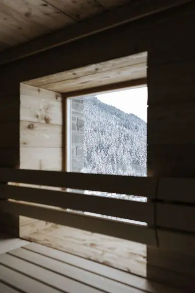 Sauna im Thurnerhof mit Panoramablick auf verschneite Berge und Wald. Gemütliche Entspannung im Wellnessbereich.