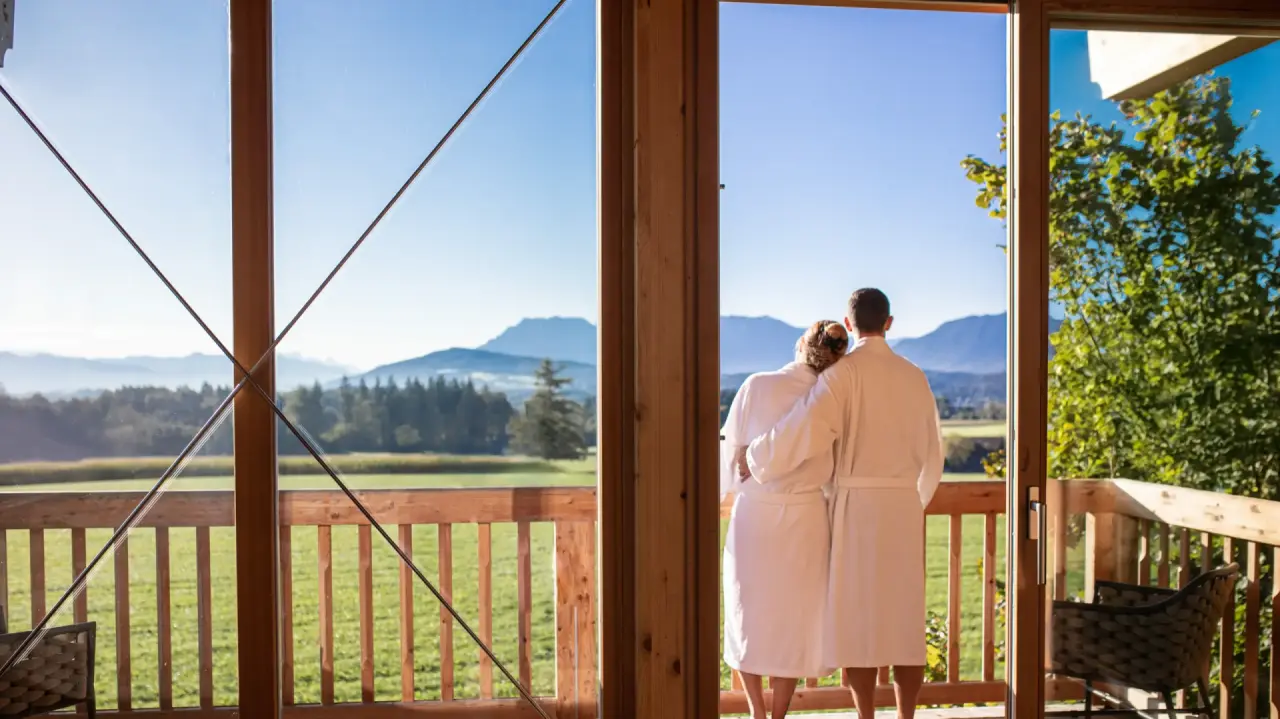 Wellness Natur Resort Gut Edermann in Teisendorf – Paar im Bademantel mit Bergblick vom Balkon | Wellnesshotel Berchtesgadener Land