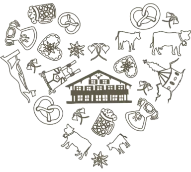 Grafik in Herzform mit bayerischen Motiven wie Brezel, Bierkrug und dem Landhaus am Stein Gebäude.