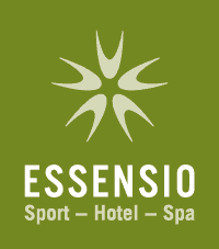 Logo des Essensio Sport - Hotel - Spa mit stilisiertem Blattmotiv auf grünem Hintergrund.