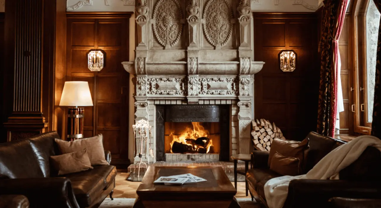 Gemütliche Hotellounge mit prunkvollem Kamin und Ledersofas im Carlton Hotel, ideal zum Entspannen.