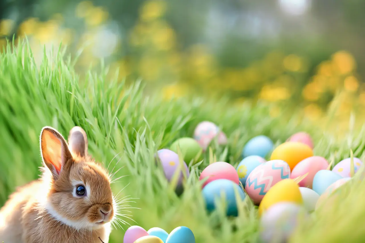 Niedlicher Osterhase und bunte Ostereier im grünen Gras, Frühlingsdekoration für das relexa hotel Bad Steben.