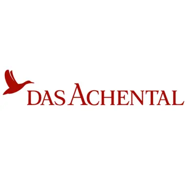 Logo des Hotels DAS ACHENTAL mit rotem Schriftzug und Entensymbol auf weissem Hintergrund.