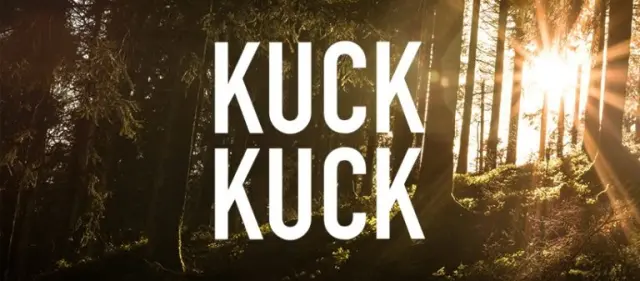 Waldszene mit Sonnenstrahlen, Bäumen und dem Schriftzug 'KUCK KUCK'.