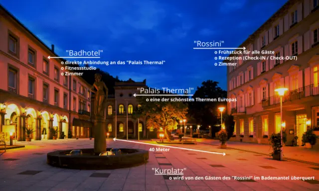 Abendansicht des Mokni’s Palais Hotel & SPA mit Badhotel, Rossini und Palais Thermal am Kurplatz, Bad Wildbad.