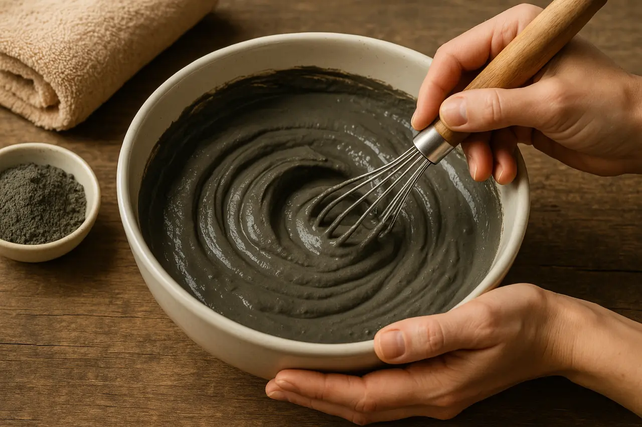Hände rühren eine Heilerde-Maske in einer Schale an, bereit für eine entspannende Spa-Behandlung im Mokni’s Palais Hotel & SPA.
