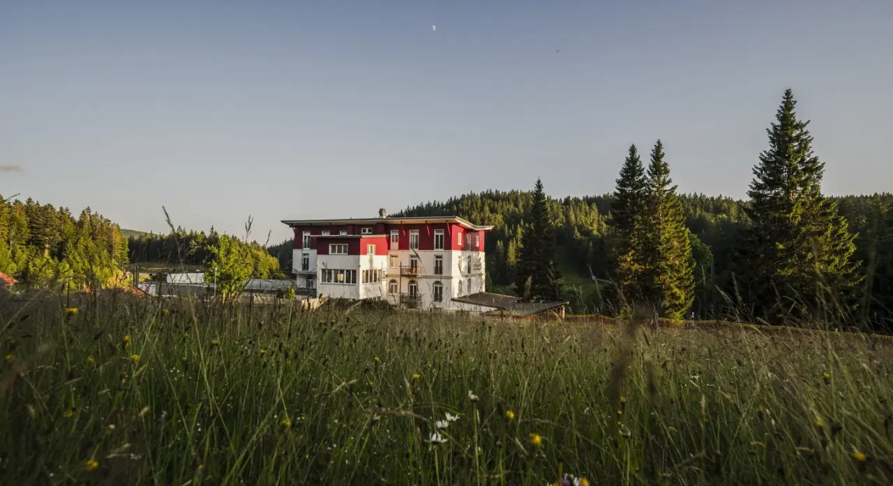 Waldhotel am Notschreipass umgeben von Wiesen und Tannenwald unter blauem Himmel.