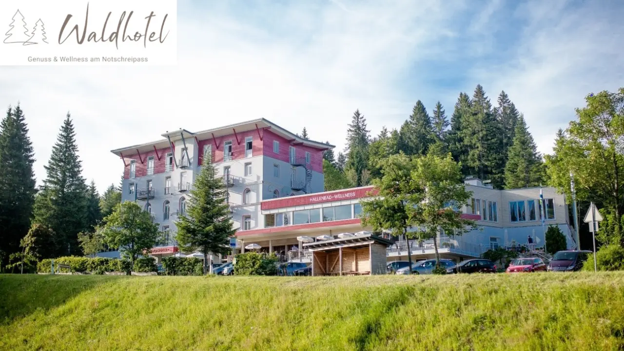 Aussenansicht des Waldhotels am Notschreipass mit grüner Wiese und Wald im Hintergrund. Das Hotel bietet Hallenbad & Wellness.