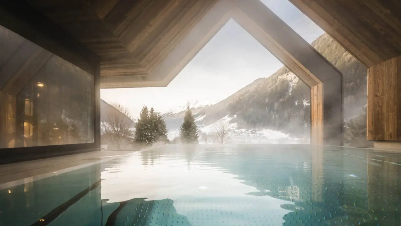 Beheizter Infinity-Pool mit Dampf und Panoramablick auf die verschneiten Berge im Forster's Naturresort.