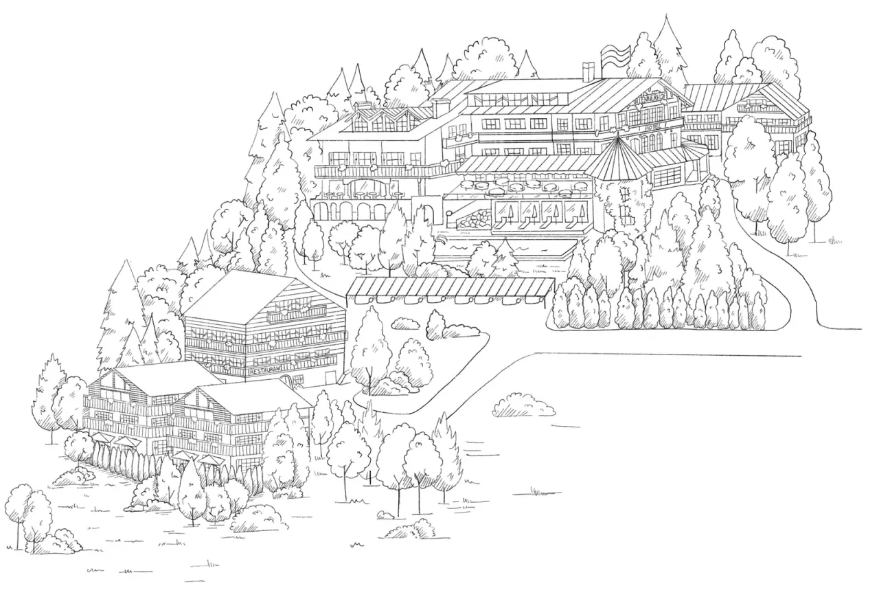 Illustrierte Gesamtansicht des Tennerhof Gourmet & Spa de Charme Hotel mit Gebäuden, Pool und Gartenanlage.