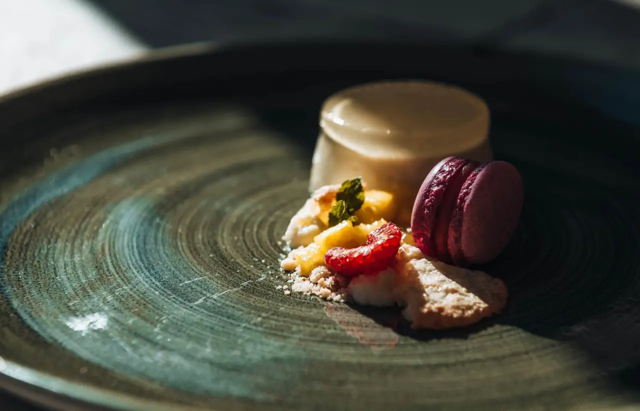 Exquisites Dessert mit Panna Cotta, Himbeeren und Macaron auf einem Teller im Hotel Alpina Deluxe.