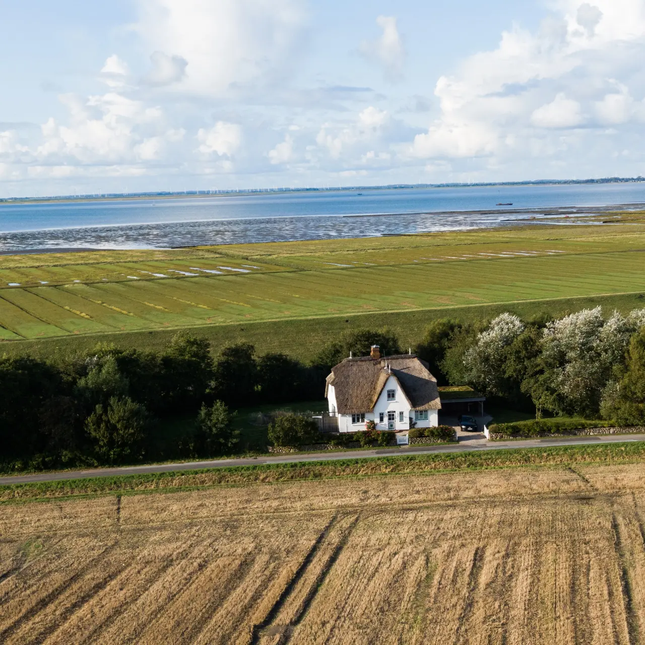 Luftaufnahme des Lundenbergsand Nordsee Hideaway und Spa: Idyllisches Reetdachhaus umgeben von Feldern am Wattenmeer.