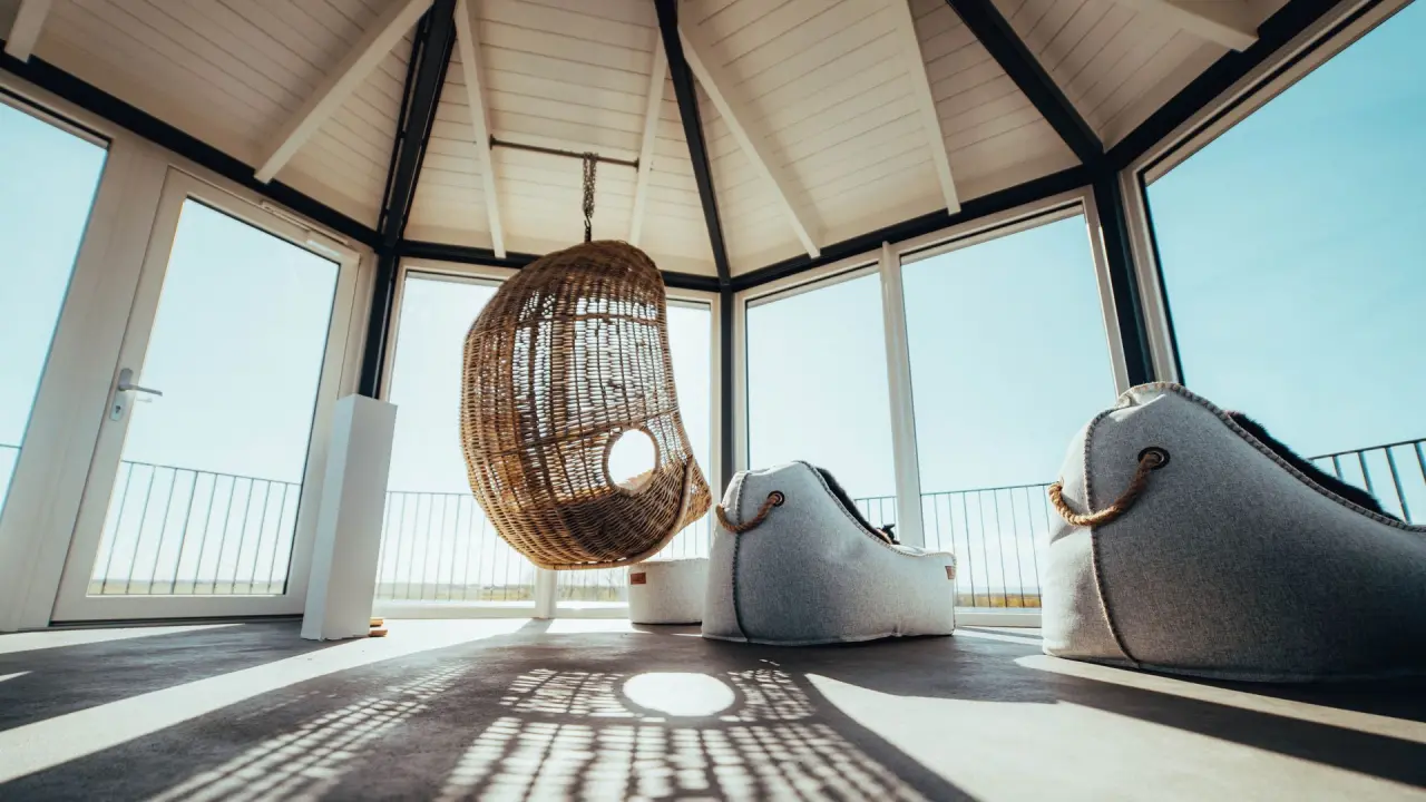 Gemütlicher Ruheraum mit Hängesessel und Panoramablick im Lundenbergsand Nordsee Hideaway und Spa.