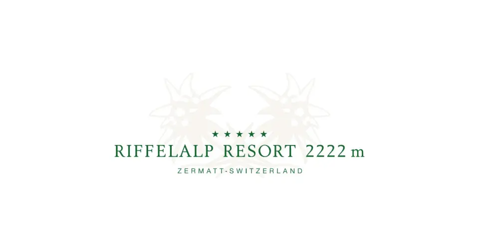 Logo des Riffelalp Resort 2222 m in Zermatt, Schweiz mit Edelweiss-Symbolen und 5 Sternen.