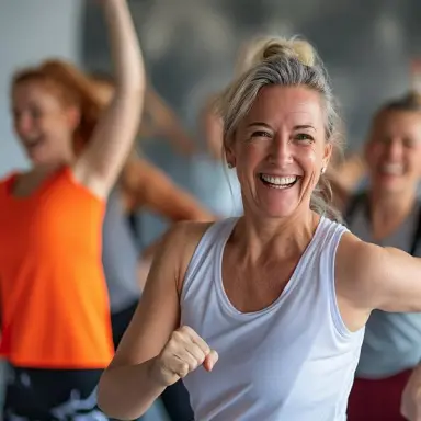 Lachende Frau beim Fitnesskurs im Sporthotel Ellmau. Vitalität und Sport im Wellnesshotel.