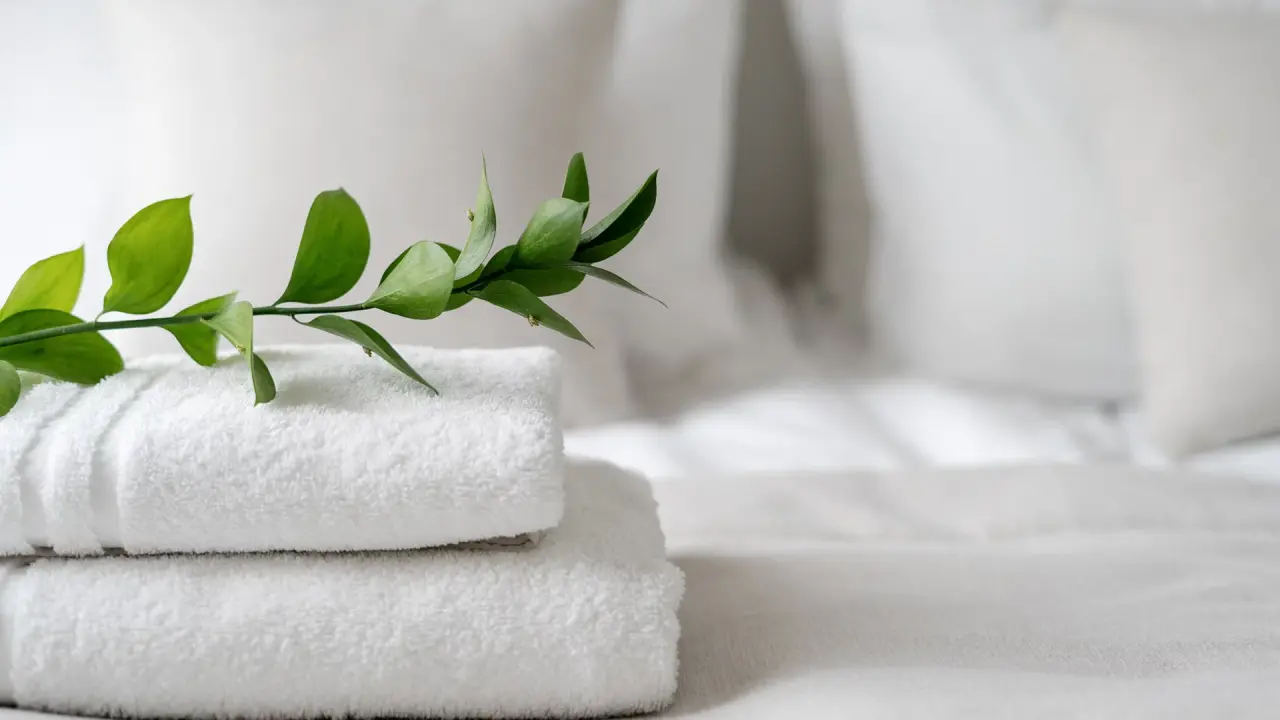 Zwei gestapelte weiße Handtücher mit grünem Zweig auf einem Bett im Genuss und Vitalhotel Moisl.