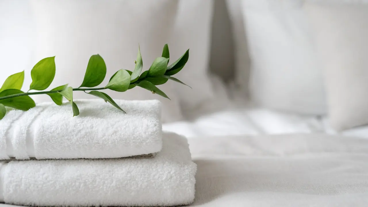 Gefaltete weiße Handtücher mit grünem Zweig für Entspannung im Genuss und Vitalhotel Moisl.