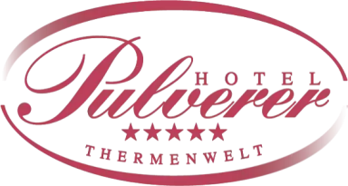 Logo des Hotel Pulverer Thermenwelt mit fünf Sternen. Roter Schriftzug auf weißem Hintergrund.