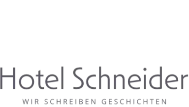 Logo des Hotel Schneider mit dem Slogan 'Wir schreiben Geschichten'.