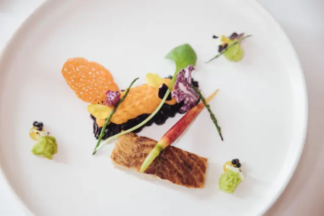Gourmet-Gericht mit Lachs, Püree und frischem Gemüse, kunstvoll angerichtet im Restaurant des Hotel Schneider.