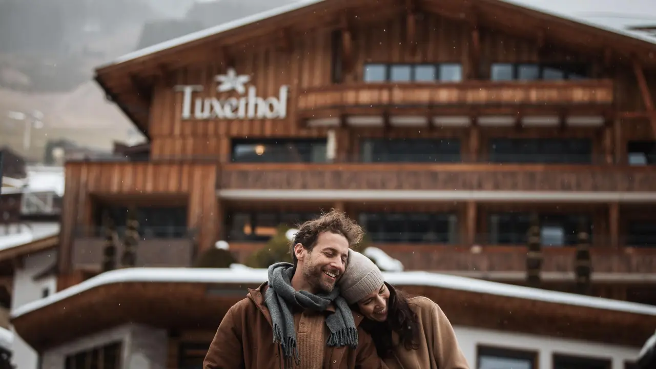Glückliches Paar im Schnee vor dem Hotel Alpin Spa Tuxerhof. Romantischer Winterurlaub in den Tiroler Alpen.