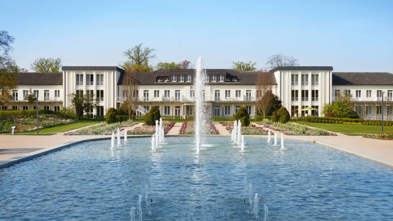 Majestätische Aussenansicht des Best Western Premier Park Hotel & Spa mit grosser Brunnenanlage und blühendem Garten.
