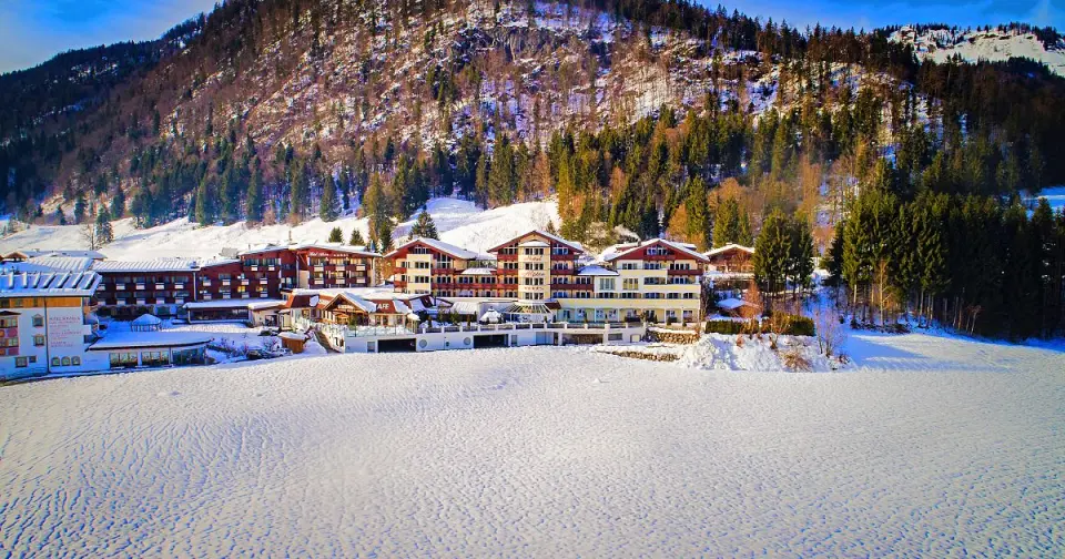 Luftaufnahme des Hotel Alpina im Winter, eingebettet in eine verschneite Berglandschaft mit Wald und blauem Himmel.