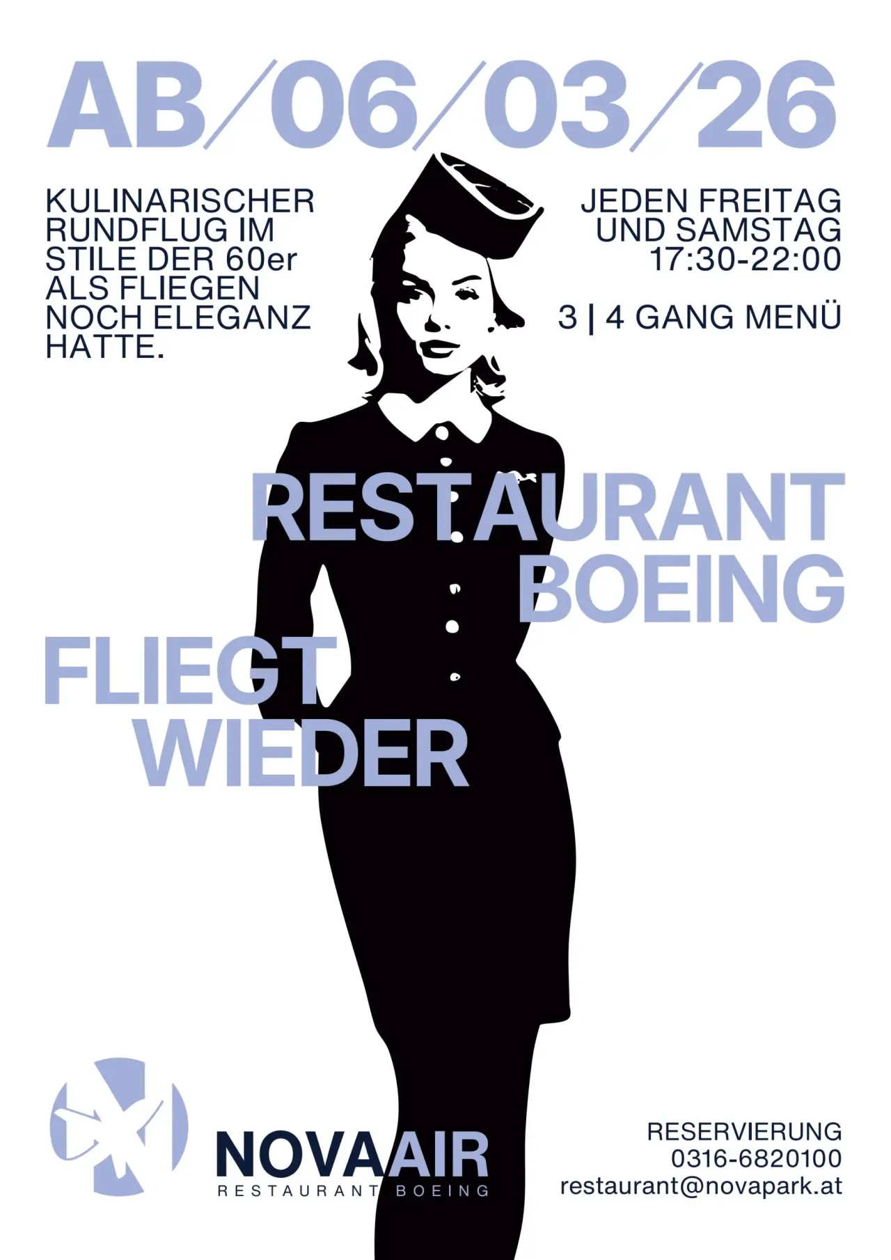 Werbeplakat für den 'Kulinarischen Rundflug' im Restaurant Boeing des Novapark Flugzeughotels Graz mit Stewardess-Silhouette.