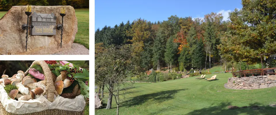 Herbstlicher Hotelgarten mit Liegestühlen und Willkommensschild des Hotel Haus Hilmeke. Ein Korb voller Pilze.