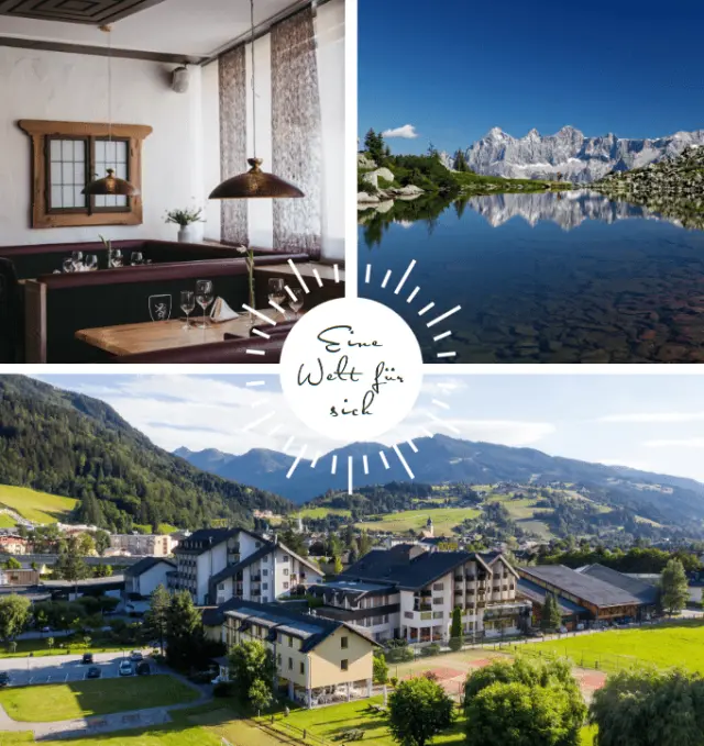 Collage des Sporthotels Royer Schladming: Restaurant, Bergsee mit Dachsteinpanorama und Hotel-Aussenansicht in den Alpen.