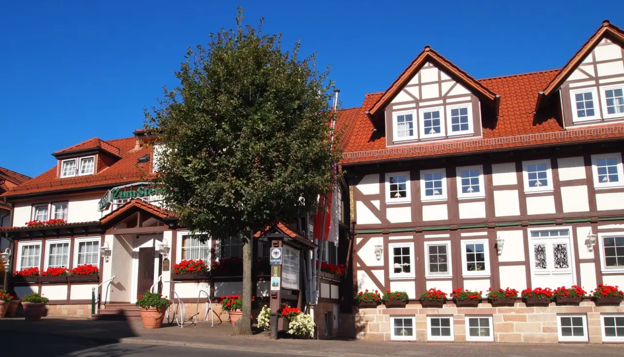 Traditionelles Fachwerk-Hotel Parkhotel Zum Stern mit roten Geranien und blauem Himmel in idyllischer Lage.