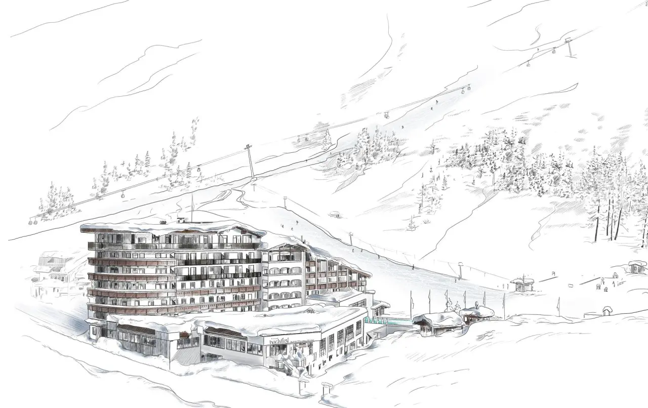 Skizze des Alpen-Wellness Resort Hochfirst in verschneiter Berglandschaft mit Skipisten und Aussenpool.