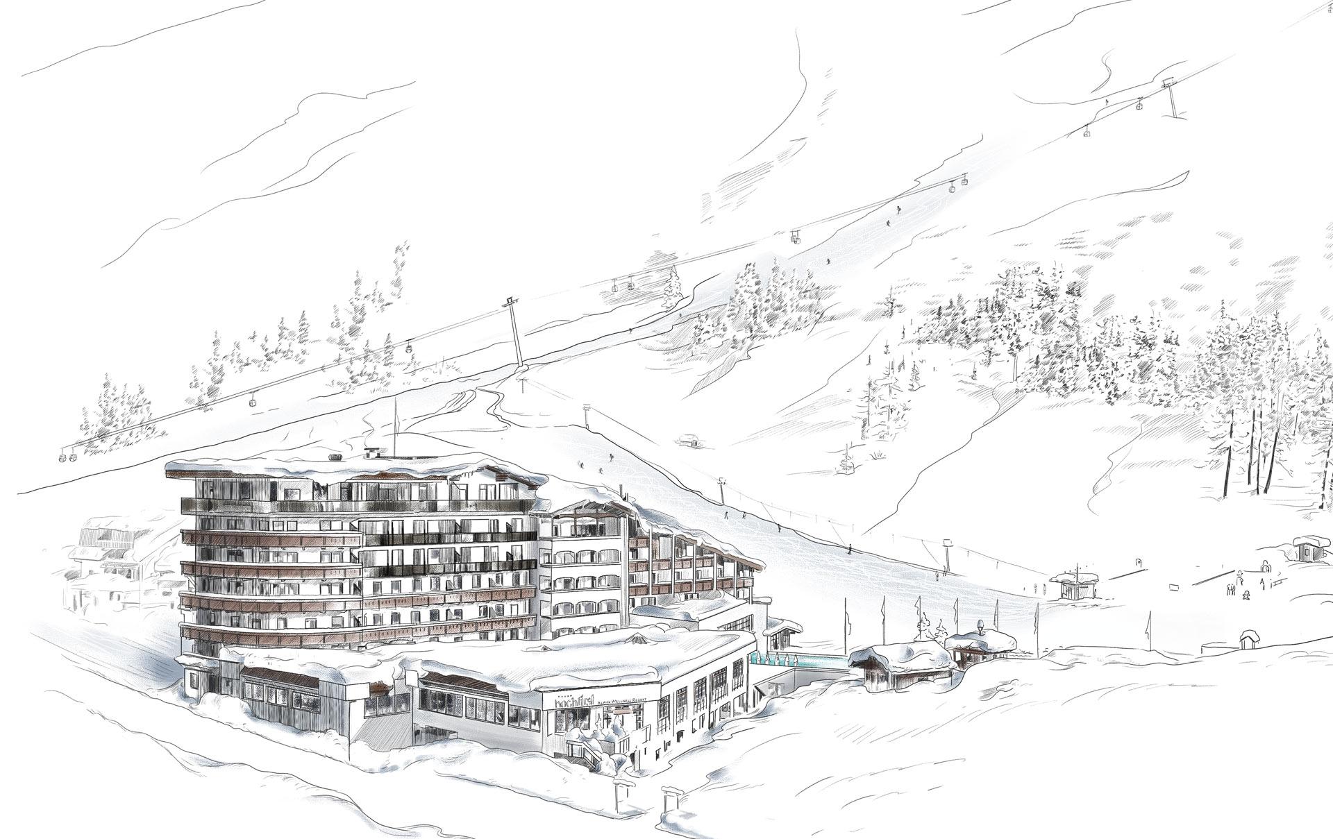 Alpen-Wellness Resort Hochfirst in Obergurgl – Künstlerische Darstellung des Hotels in verschneiter Berglandschaft | Wellnesshotel Tirol
