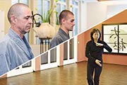 Gäste beim Meditieren und Tai Chi im Wellnessbereich des Hotel Zugspitze. Fokus auf Entspannung und Achtsamkeit.