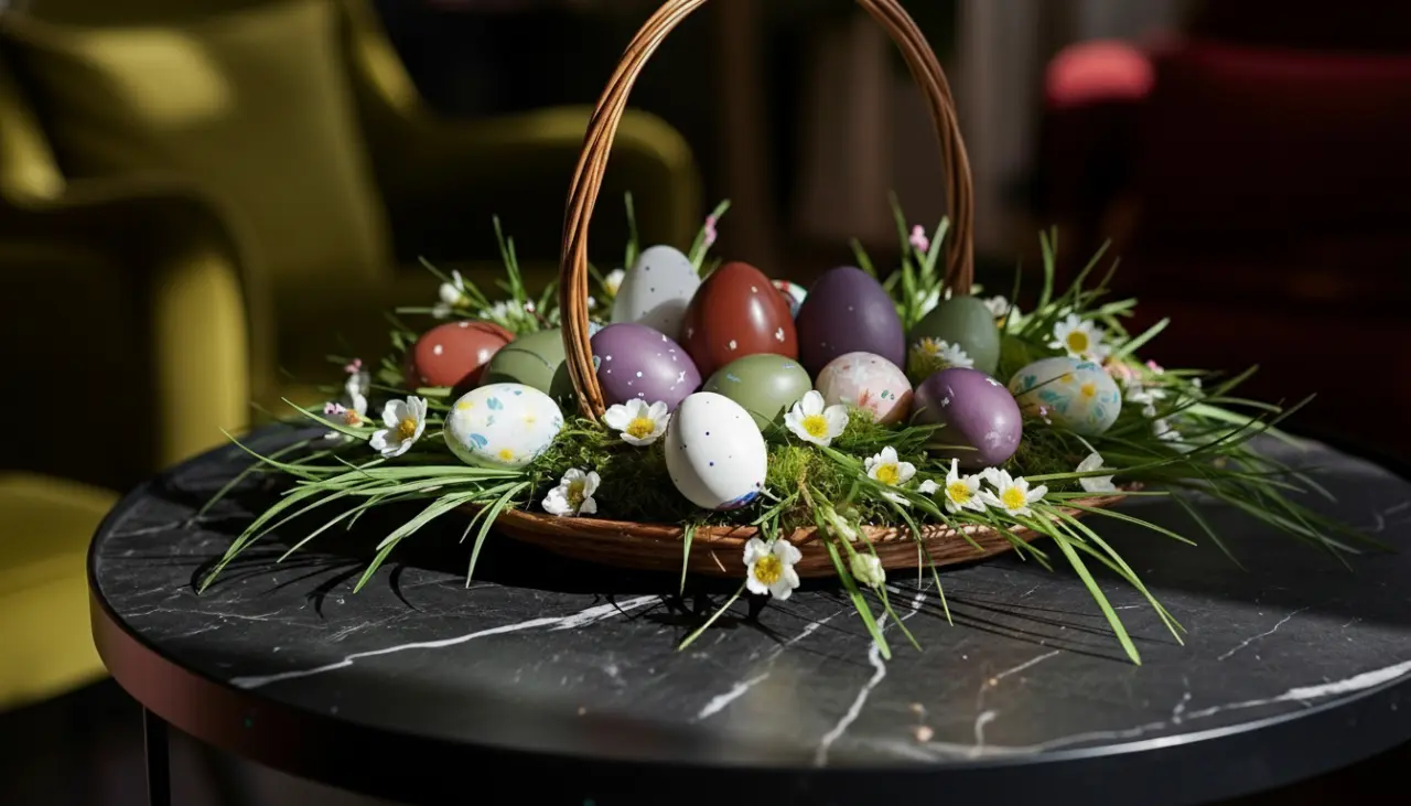 Osterkorb mit bunten Eiern und Blumen als saisonale Dekoration im Hotel Erika.