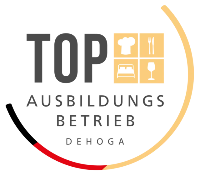 DEHOGA Top Ausbildungsbetrieb Logo für das Hotel an der Therme Bad Orb, zeigt Kochmütze, Besteck, Bett und Weinglas.
