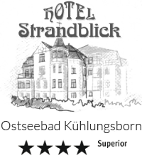 Logo des Ringhotel Strandblick in Ostseebad Kühlungsborn mit einer Zeichnung des Hotelgebäudes und Sternebewertung.