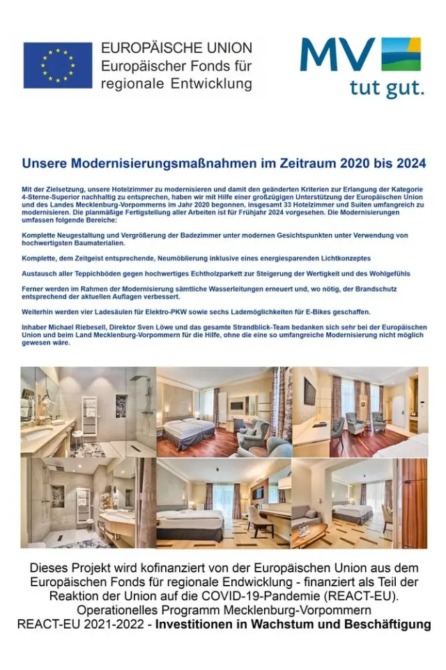 Informationen zu Modernisierungsmaßnahmen im Ringhotel Strandblick mit Beispielfotos von modernisierten Zimmern und Bädern.