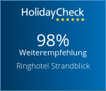 HolidayCheck Empfehlung mit 98% Weiterempfehlung für das Ringhotel Strandblick.
