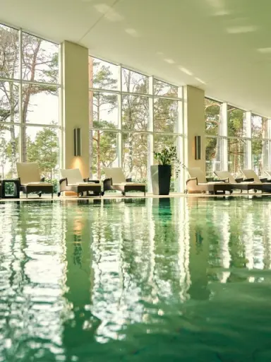 Heller Innenpool mit Liegen und Blick auf die Natur im Strandhotel Fischland. Entspannung pur.