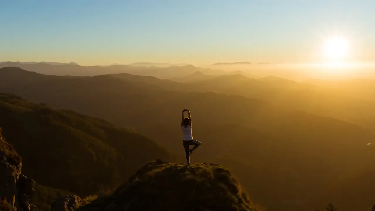 Frau in Yoga-Pose auf Berggipfel bei Sonnenuntergang, symbolisiert Ruhe und Naturerlebnis in der Umgebung des Fritz Lauterbad.