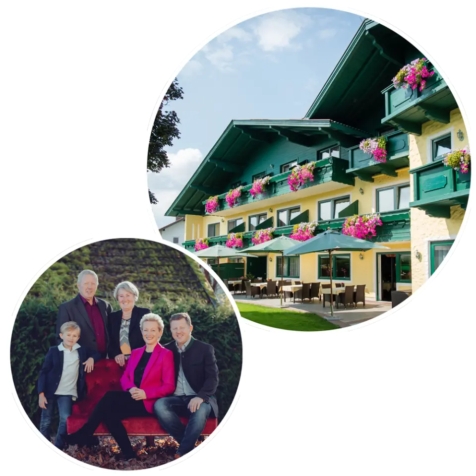 Aussenansicht des Landhotel Moorhof mit blühenden Balkonen und Restaurantterrasse. Familienporträt der Gastgeber.