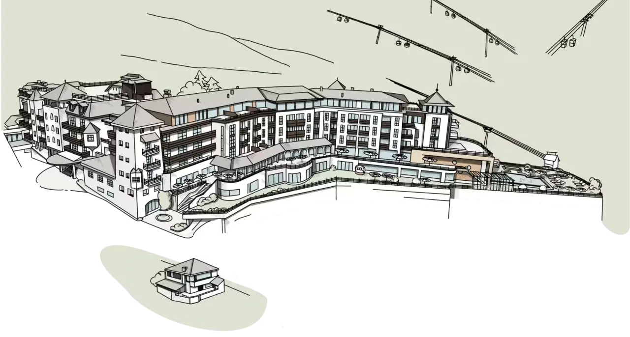Schlosshotel Fiss in Fiss – Architektonische Darstellung des Hotelgebäudes und der Außenanlagen | Wellnesshotel Tirol