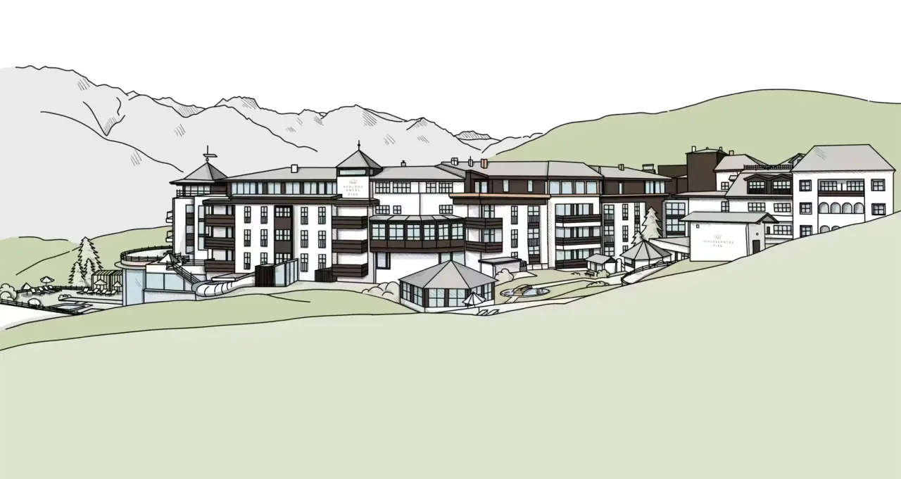 Schlosshotel Fiss in Fiss – Illustration der Hotelanlage mit Bergen | Wellnesshotel Tirol