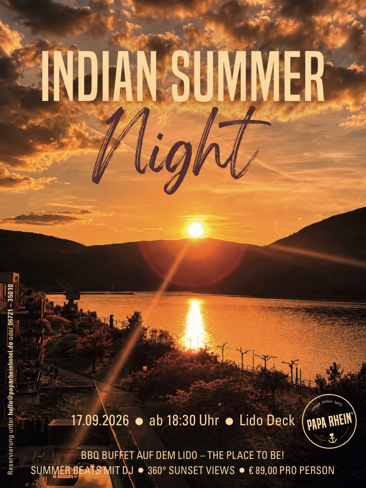 Papa Rhein Hotel in Bingen – Plakat für Indian Summer Night Event mit Sonnenuntergang am Rhein | Wellnesshotel Mittelrhein