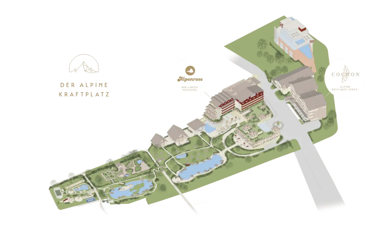 Übersichtskarte der Wellnessresidenz Alpenrose mit Hotelgebäuden, weitläufigen Pool- und Gartenanlagen sowie der Alpine Boutique Lodge.