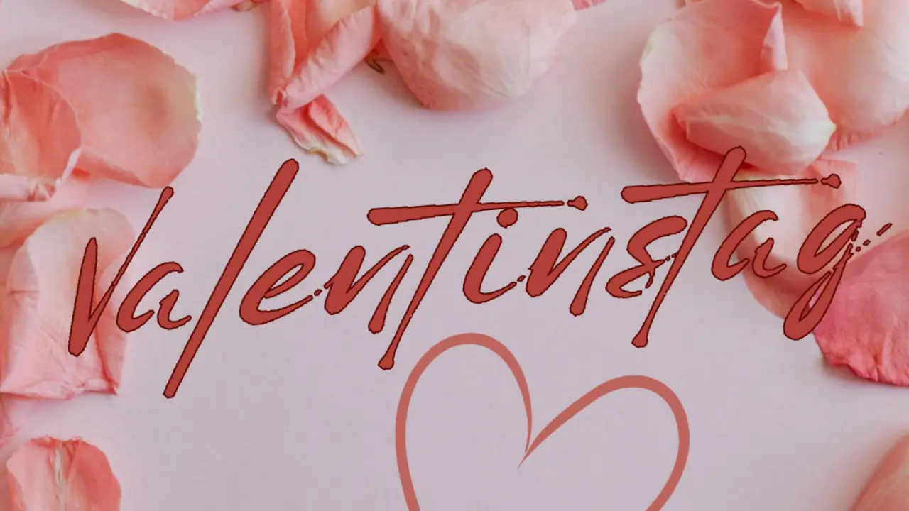 Valentinstag Grußkarte mit rosa Rosenblättern und Herz-Symbol für das Vila Vita Burghotel Dinklage.