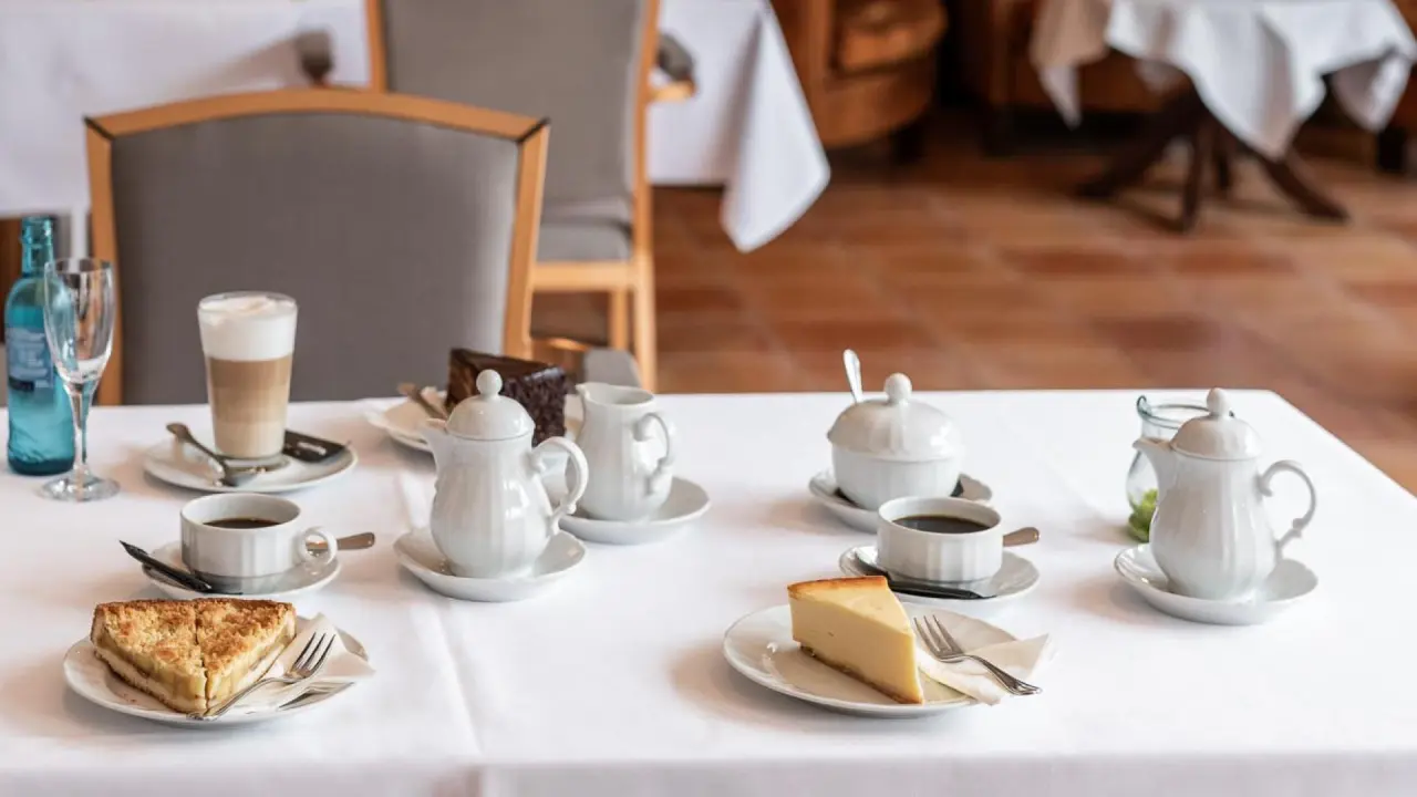 Nachmittagskaffee und Kuchen im Restaurant des Vila Vita Burghotel Dinklage mit Latte Macchiato und Käsekuchen.