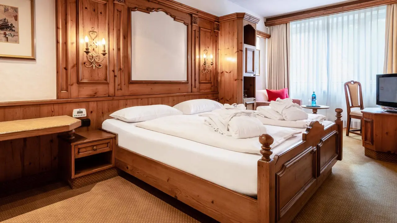 Gemütliches Doppelzimmer mit traditioneller Holzvertäfelung und Bademänteln im Vila Vita Burghotel Dinklage.