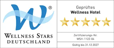 Zertifikat Wellness Stars Deutschland für das Naturparkhotel Adler St. Roman, ausgezeichnet als geprüftes Wellness Hotel mit 5 Sternen.
